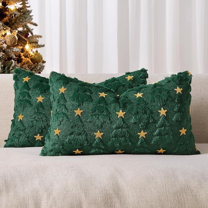MIULEE Christmas Pillow Covers 12x20 Inch Set of 2, Dark Green Christmas Tree Plush Faux Fur Pillowcases Soft Decorative Throw Pillow Cases for Couch Sofa Living Room Winter Xmas Holiday Home Decor
