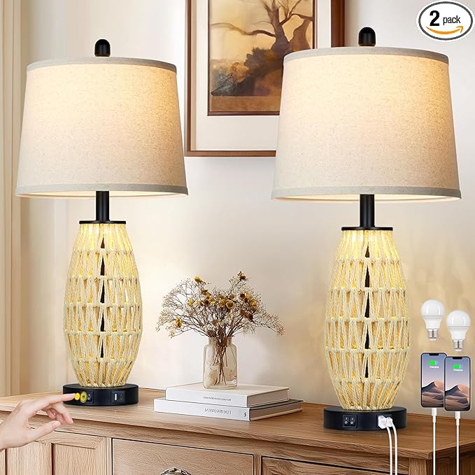 UXEFLOW 27" Beige Rattan Lamps with Night Light, Coastal Bedside Table Lamps Set of 2, Woven Wicker Bedroom Nightstand Lamp with USB A+C Charging Port & AC Outlet, Tall Farmhouse Lamp for Living Room