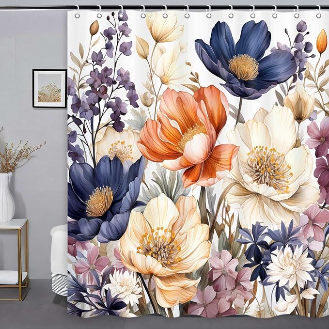 Boho Floral Shower Curtain, Elegant Flower Shower Curtains for Bathroom, Modern Colorful Chic Bathroom Decor Washable Durable Fabric Set with Hooks 72x72 Inch