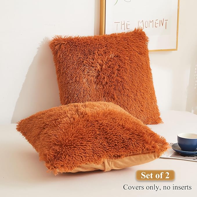 XeGe Faux Fur Throw Pillow Covers, Luxury Fluffy Plush Pillow Cases, Shaggy Decorative Pillow Shams Cushion Cover for Sofa Bed Couch Zipper Closure, Pack of 2 (18''x18'', Burnt Orange)
