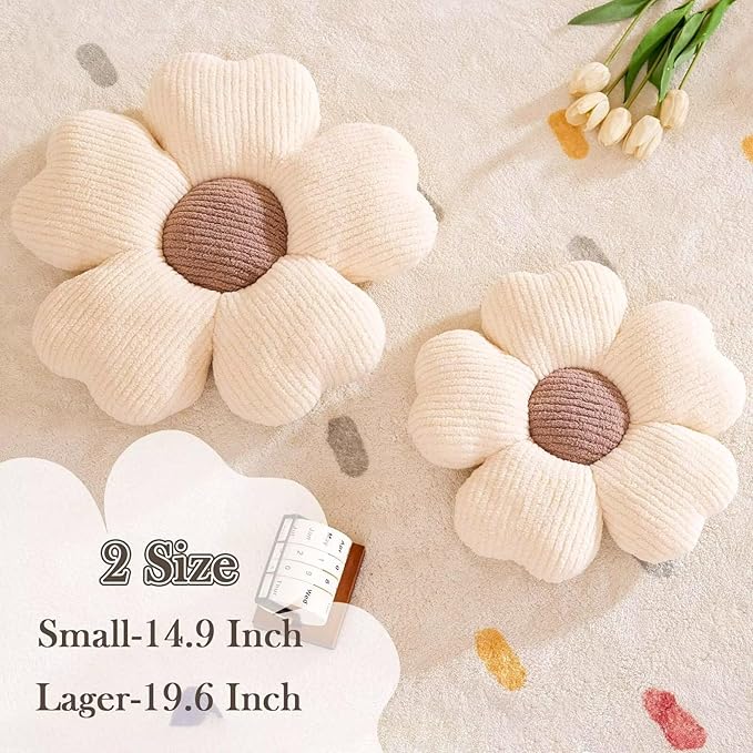 Flower Throw Pillow, Cute Flower Shaped Pillow Decorative Throw Pillow for Bed Couch, Soft Daisy Pillows Floor Seating Cushion Cushions (14.9 Inch Ivory+Brown)