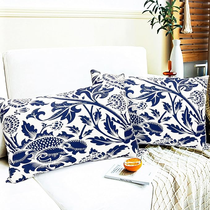 Decorative Throw Pillow Covers Set of 2 Blue Pillow Covers 12x20 inch Short Plush Square Pillows Cover Floral Throw Pillows,Farmhouse Outdoor Pillow Covers for Couch Sofa Bed Living Room