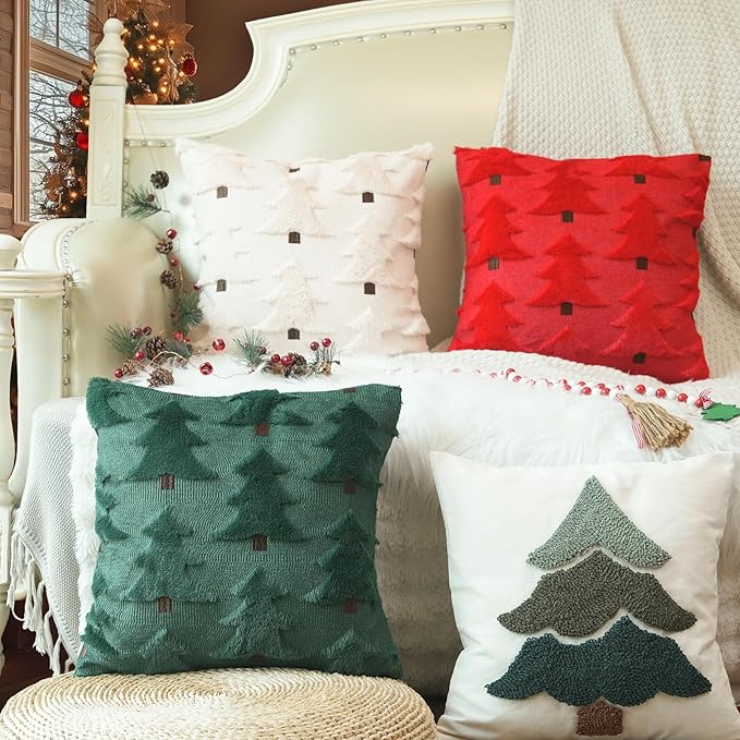 GEEORY Christmas Pillow Covers 26x26 Inch Set of 2, Christmas Decorations Xmas Tree Soft Plush Fluffy Faux Fur Decorative Throw Pillows Farmhouse Winter Cushion Case Green Brown GC033-26