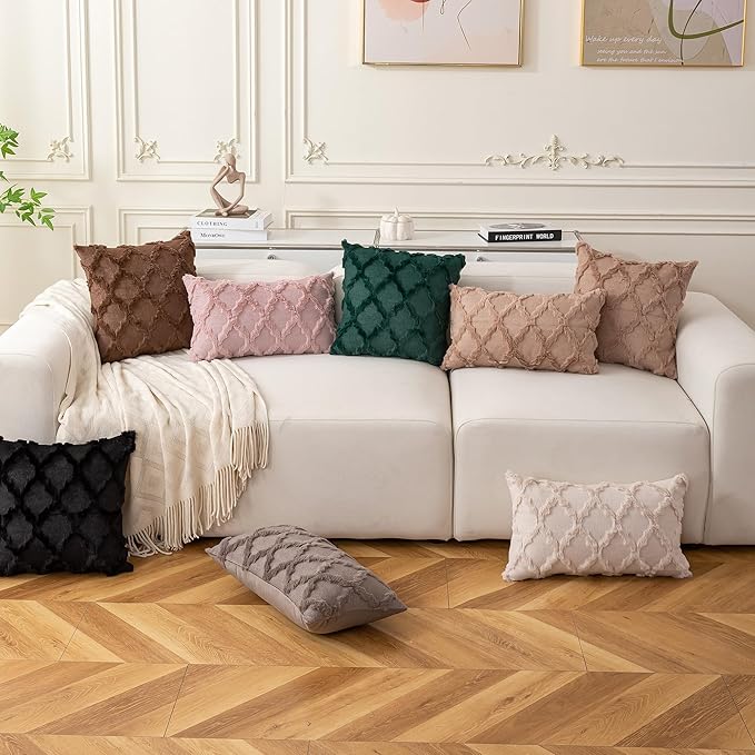 Set of 2 Soft Moroccan Throw Pillow Covers 18x18 Inch Plush Boho Decorative Pillow Cover Accent Cushion Case for Couch Sofa Bed, Black