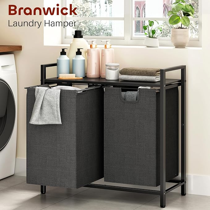 Laundry Basket Organizer, Laundry Hamper with Shelf & 2 Pull-Out Removable Bags, Dirty Clothes Hamper Organizer for Laundry Room Bathroom and Dorm, 2 x 11.8 gallons (44.5L)