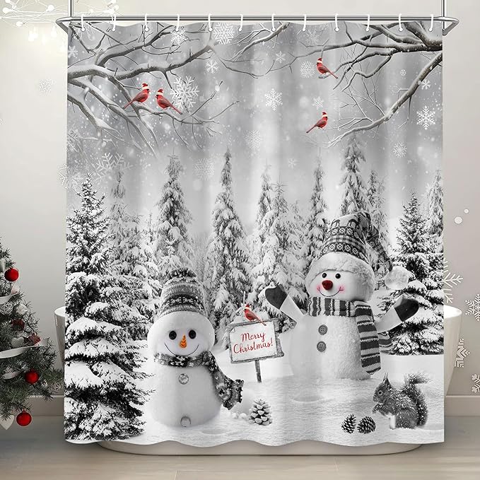 Winter Christmas Snowman Shower Curtain, Grey Winter Forest Cardinal Snowflake Holiday Farmhouse Xmas Shower Curtain Set for Bathroom Accessories Rustic Christmas Decorations with Hooks 72"X72"