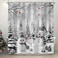 Winter Christmas Snowman Shower Curtain, Grey Winter Forest Cardinal Snowflake Holiday Farmhouse Xmas Shower Curtain Set for Bathroom Accessories Rustic Christmas Decorations with Hooks 72"X72"