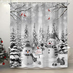 Winter Christmas Snowman Shower Curtain, Grey Winter Forest Cardinal Snowflake Holiday Farmhouse Xmas Shower Curtain Set for Bathroom Accessories Rustic Christmas Decorations with Hooks 72"X72"
