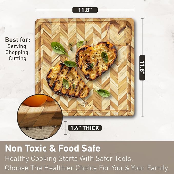 Teak Cutting Board for Kitchen (Small) – Herringbone Butcher Block with Juice Groove & Corner Well, Charcuterie Board, Food-Safe, Gift-Ready, 11.8 x 11.8 x 1 in