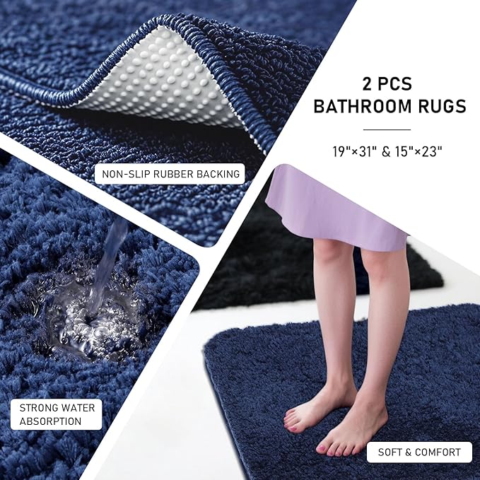 Bathroom Sets with Shower Curtain and Rugs Bathroom Accessories Set Navy Blue Bathroom Set,Soap Dispenser & Toilet Brush Holder Set with Stainless Steel Trash Can