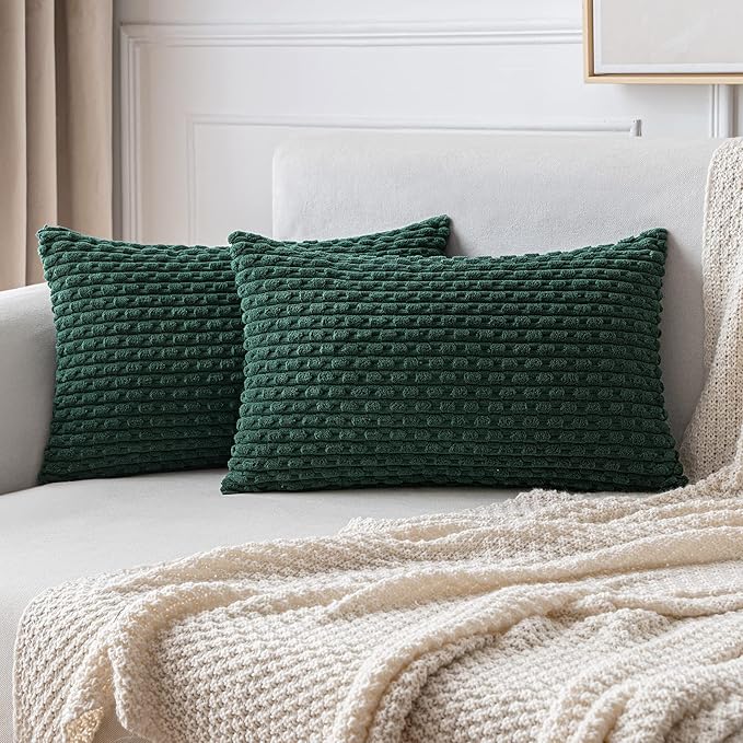 MIULEE Christmas Army Green Throw Pillow Covers Soft Corduroy Decorative Set of 2 Boho Striped Pillow Covers Pillowcases Farmhouse Home Decor for Couch Bed Sofa Living Room 12x20 Inch