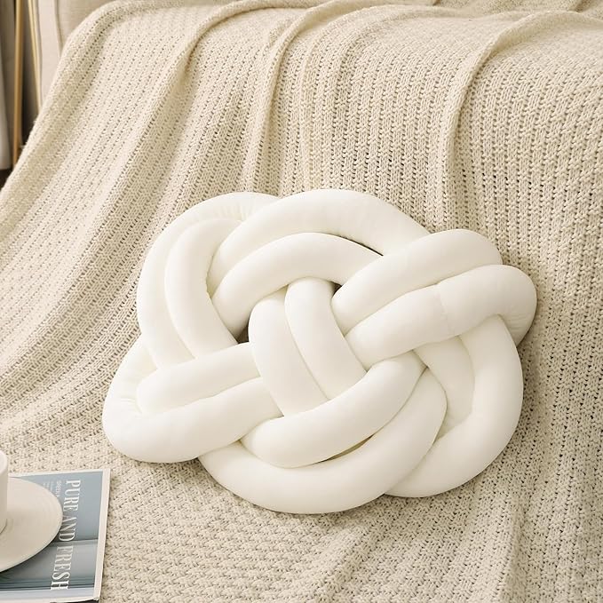 17.7in Knot Pillow Ball, Soft Velvet Decorative Throw Pillow for Couch Sofa, Decor Knotted Square Floor Pillow Cushions for Living Room (White)
