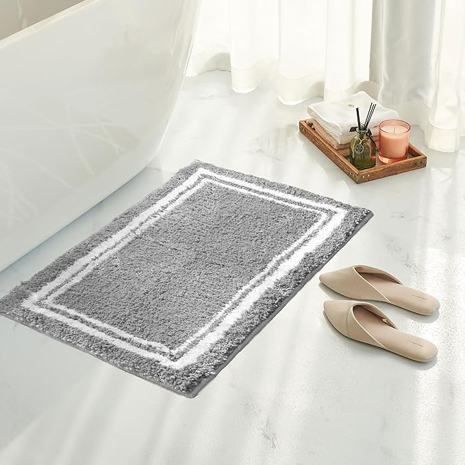 Tititex Luxury Grey White Frame Line Bathroom Rug, 16x24 inch Extra Soft and Absorbent Microfiber Bath Rugs, Non-Slip Plush Shaggy Bath Carpet, Bath Mats for Bathroom Floor, Tub and Shower