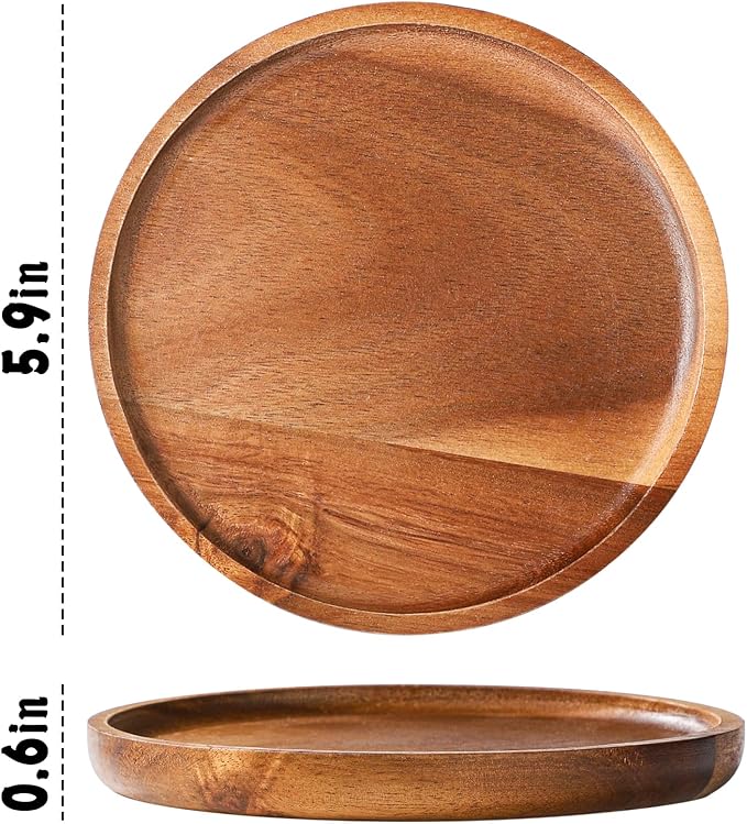 Wooden Acacia Plates of 4, 6Inch Round Wood Plates Acacia Wooden charcuterie boards Serving Tray for Dishes Snack Dessert