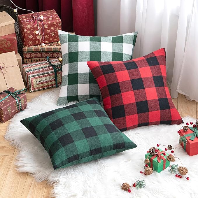 MIULEE Pack of 2 Christmas Buffalo Check Plaids Porch Throw Pillow Covers Classic Retro Linen Farmhouse Cushion Case Soft Pillowcases for Home Decor Sofa Bedroom Couch 18 x 18 Inch Green and Black