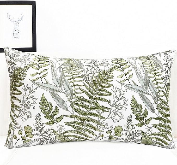 Decorative Throw Pillow Covers Set of 2 Olive Green Leaves Pillow Covers 12x20 inch Soft Short Plush Square Floral Throw Pillows,Farmhouse Outdoor Pillow Covers for Couch Bed Living Room