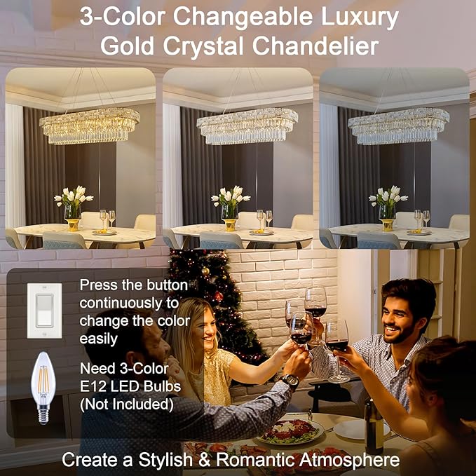 Crystal Chandeliers, 49.2" 18-Light Rectangular Chandelier for Dining Room, Gold Chandelier for Kitchen, Modern Large Chandeliers, Dining Room Light Fixture Island Lights Dimmable
