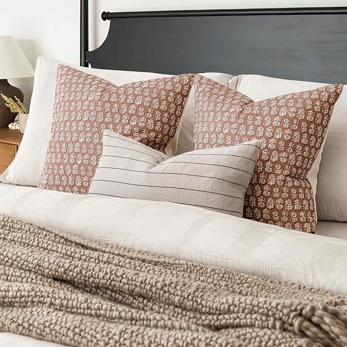 Foindtower Set of 2 Decorative Vintage Floral Print Throw Pillow Covers Neutral Farmhouse Cushion Covers Boho Home Decor for Sofa Couch Chair Bedroom Living Room,20×20 Inch,Light Orange Brown