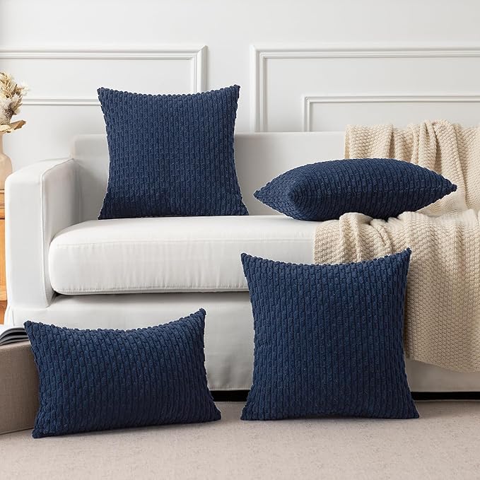 Kevin Textile Throw Pillow Cover Striped Corduroy Plush Texture Velvet Euro Cushion Cover for Bed 24 x 24 inch (60cm) Set of 2 Navy Blue