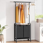 Laundry Sorter 2 Section Laundry Hamper Sorter with Clothes Hanging Rod and Wooden Storage Shelf 2 X 13gal Laundry Basket Organizer for Laundry Room Organization Storage Baskets, Black