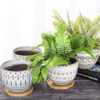VanEnjoy 5.5 inch Large Round Bohemian Style Ceramic Planter, Geometry Engrave Off White Brown Succulent Planter Flower Pot, Indoor Outdoor Decorative Planter