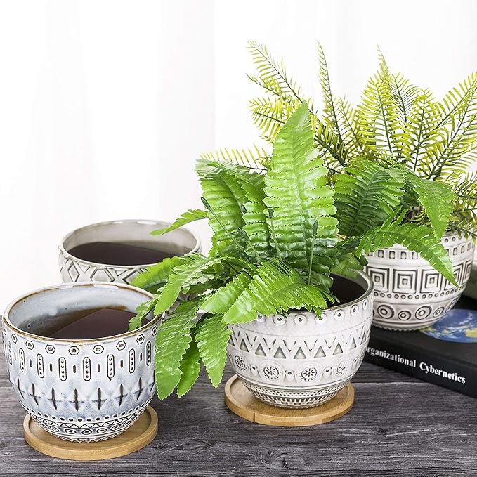 VanEnjoy 5.5 inch Large Round Bohemian Style Ceramic Planter, Geometry Engrave Off White Brown Succulent Planter Flower Pot, Indoor Outdoor Decorative Planter