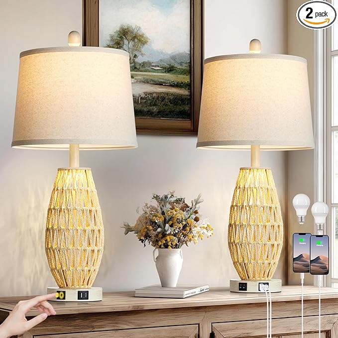 27" Beige Boho Rattan Lamps Set of 2, Coastal Natural Bedroom Table Lamps with Night Light, Woven Wicker Bedside Nightstand Lamp with USB A+C Charging Port, Farmhouse Lamp for Living Room