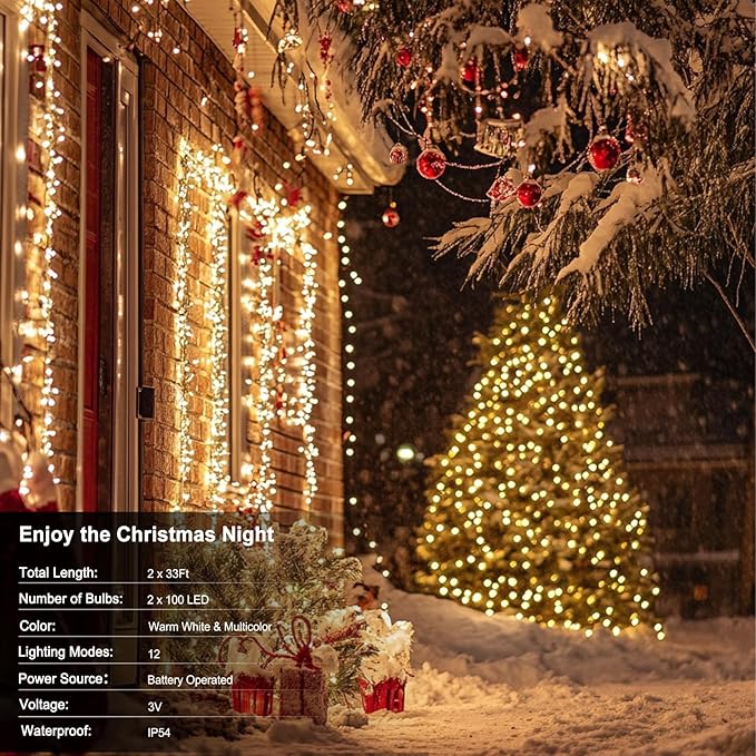echosari 2 Pack Color Changing String Lights, 33 Ft 100 LED Christmas Fairy Lights Battery Operated Green Wire String Lights with Remote Timer for Bedroom Garden Party Wedding Deco (Multicolor)
