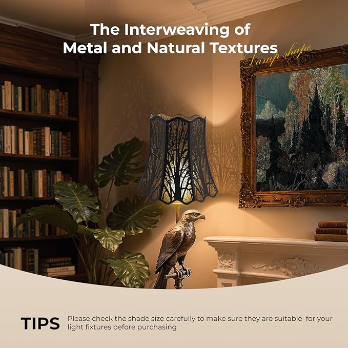 Etched Court Style Metal Lamp Shade, Large Upper and Lower Wave Lampshade with Forest Tree Pattern, 10"Top x 16" Bottom x 14.75" High, lron Cover shade for Table Lamps, Floor Lamps (Black/Gold)