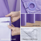Furlinic Extra Long No Hook Waffle Weave Shower Curtain with Snap in Fabric Liner Set,Heavy Duty Textured Bathroom Curtains with See Through Window,Waterproof & Machine Washable,Purple,71x96 Inch