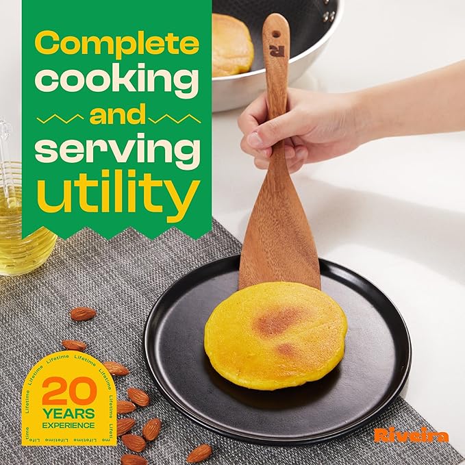 Riveira Walnut Wooden Cooking Utensils Set of 9 Premium Quality Non-Toxic Wooden Spoons, Spatula & Serving Utensils for All Cookware