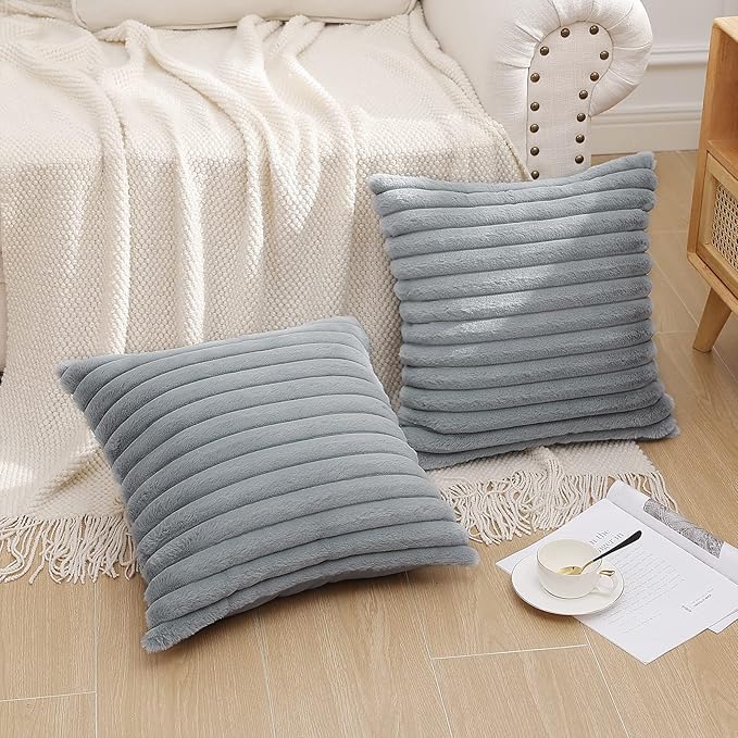 Pallene Faux Fur Plush Throw Pillow Covers 22x22 Set of 2, Luxury Soft Fluffy Striped Decorative Pillow Covers for Sofa, Couch, Living Room, Grey