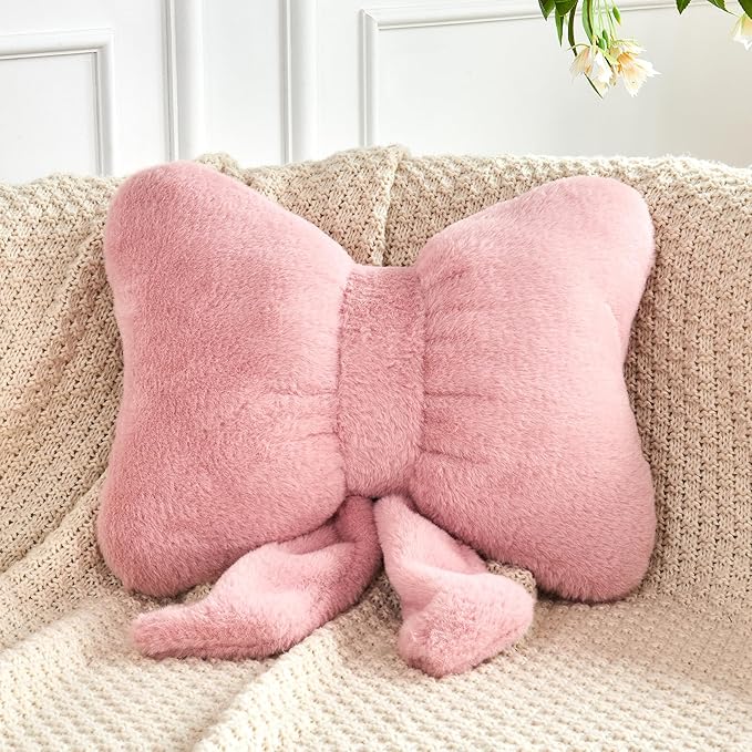 Dusty Pink Bow Pillow, Soft Bow Decorative Pillows with Faux Rabbit Fur, Cute 16" Bow Throw Pillows, Aesthetic Home Decor Bow Shaped Plush Pillow for Bedroom Sofa Couch