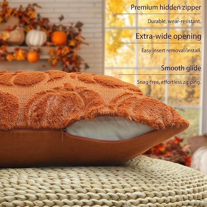 GEEORY Fall Pumpkins Soft Plush Pillow Covers, 20 x 20 Inch Set of 2, Fluffy Faux Fur Wool Decorative Farmhouse Cushion Case for Sofa Home Decoration Orange GC018-20