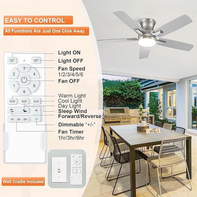 YUHAO 42 Inch Flush Mount Brushed Nickel Ceiling Fan with Light and Remote Control.Noiseless,Dimmable,3CCT,6 Speeds Reversible, Low Profile DC Ceiling Fans for Indoor Use