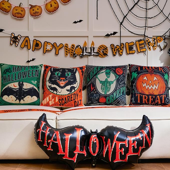 Vintage Halloween Decor-Throw Pillow Covers 18x18 in set of 4,Retro Linen Pillow Case with Scaredy Cats Pumpkins Skull Bats for Couch Fall Holiday Outdoor Burnt Orange Green Black Decorations