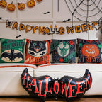 Vintage Halloween Decor-Throw Pillow Covers 18x18 in set of 4,Retro Linen Pillow Case with Scaredy Cats Pumpkins Skull Bats for Couch Fall Holiday Outdoor Burnt Orange Green Black Decorations