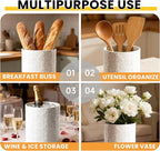 Ceramic Kitchen Utensil Holder for Countertop, Embossed Pattern Crock with Kiln-Fired Finish, Counter Organizer for Cooking Tools , White