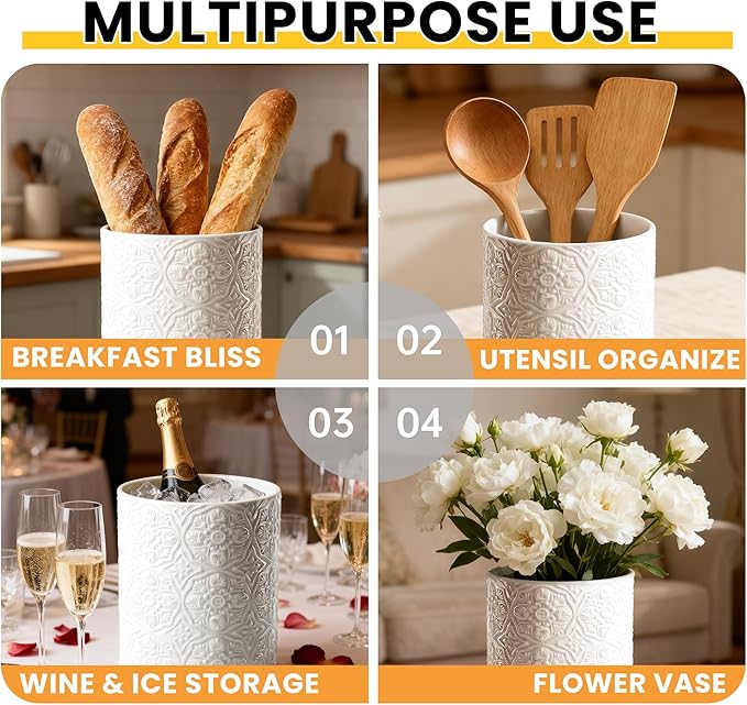 Ceramic Kitchen Utensil Holder for Countertop, Embossed Pattern Crock with Kiln-Fired Finish, Counter Organizer for Cooking Tools , White