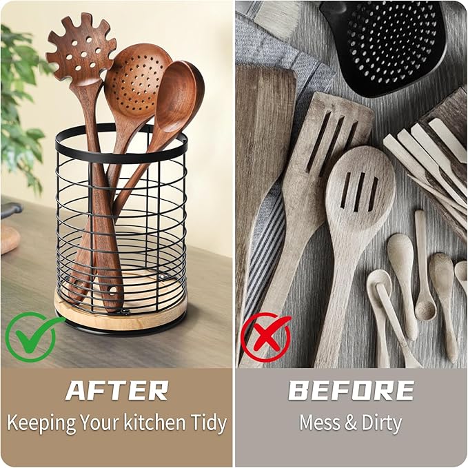 Utensil Holder for Kitchen Rotating Utensil Crock for Countertop, Cooking Utensil Organizer for Spatula with Rotatable Wooden Base
