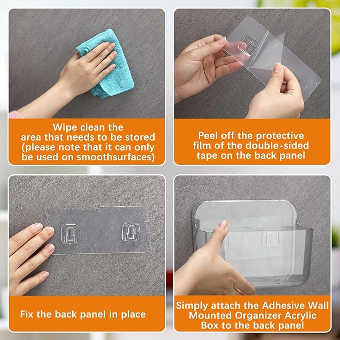 Domensi 4 Pcs Adhesive Acrylic Wall Mounted Organizer for Cabinet Plastic Wall Mount Basket Adhesive Shelf Without Drilling for Pantry Bathroom Shower Laundry Kitchen Inside of Cabinet Door