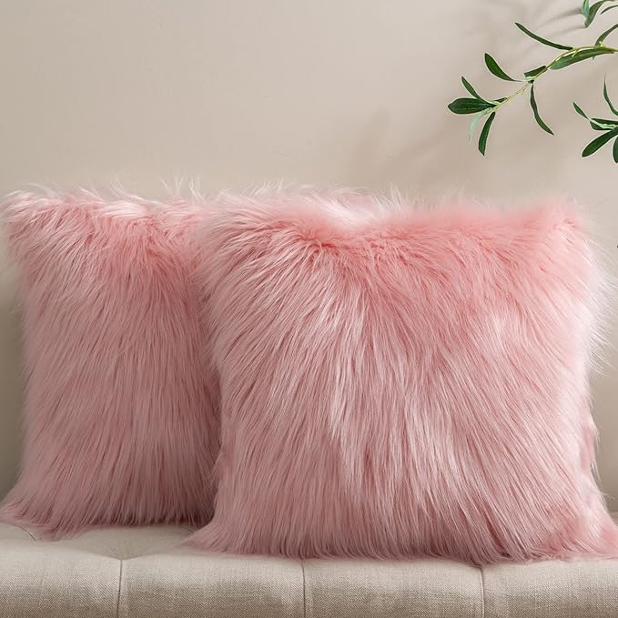 Phantoscope Pack of 2 Faux Fur Solid Throw Decorative Pillow Cover Cushion Covers Luxury Soft Decorative Pillowcase Fuzzy Pillow Covers for Bed/Couch,Pink 20 x 20 Inches