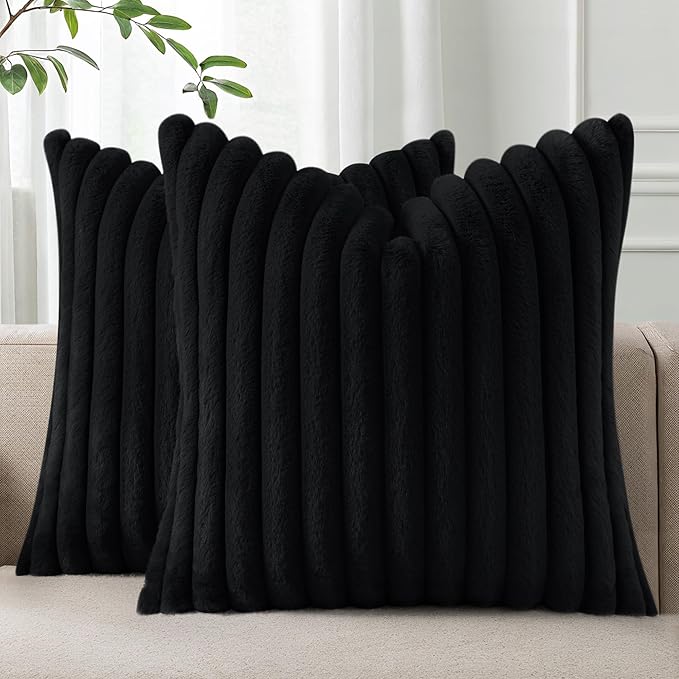 Pallene Faux Fur Plush Throw Pillow Covers 16x16 Set of 2, Luxury Soft Fluffy Striped Decorative Pillow Covers for Sofa, Couch, Living Room, Black