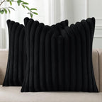 Pallene Faux Fur Plush Throw Pillow Covers 22x22 Set of 2, Luxury Soft Fluffy Striped Decorative Pillow Covers for Sofa, Couch, Living Room, Black