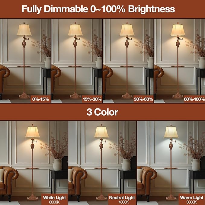 Traditional LED Floor Lamp with 350° Adjustable Swing Arm Lamp – Vintage Standing Pole lamp for Living Room, Bedroom and Office – Rustic Upright Floor Light for Home Décor with Faux Silk Fabric Shade