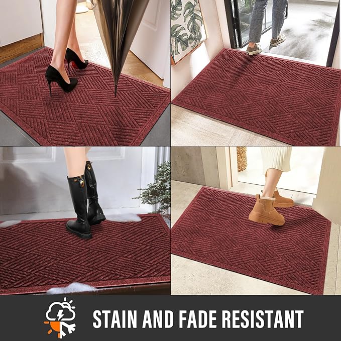 Sturdy Front Door Mat, Absorbent Muddy Dirt Resist Welcome Door Mats Outdoor Indoor, Stain and Fade Resistant, Non-Slip Rubber Backing Low Profile Doormat for Entryway, 36×24, Red