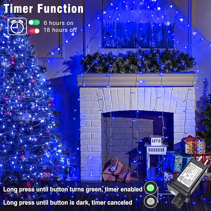 800 LED Christmas Lights Outdoor Indoor, String Lights for Outside with 8 Modes Waterproof, Plug in Twinkle Light Clear Wire for Xmas Tree, Patio, Garden, Party Decorations, Blue