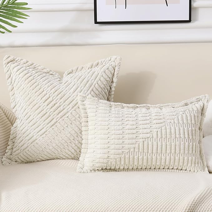 decorUhome Decorative Cream White Fall Throw Pillow Covers 12x20 Set of 2 with Splicing, Boho Lumbar Soft Neutral Corduroy Broadside Twill Pillow Covers for Couch Bed Sofa Living Room