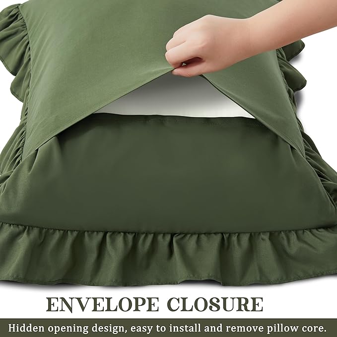 KKJIAF Ruffle Pillow Cases Queen Size Set of 2, Ruffled Pillow Covers with Envelope Closure, Wrinkle Resistant Pillowcases 20" x 30", Ruffled Pillow Shams, Olive Green