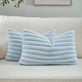 FUTEI Light Blue Striped Decorative Throw Pillow Covers 12x20 Inch Set of 2,Rectangle Winter Decorations Couch Lumbar Pillowcase,Soft Cozy Faux Rabbit Fur & Velvet Back,Modern Home Decor for Bed